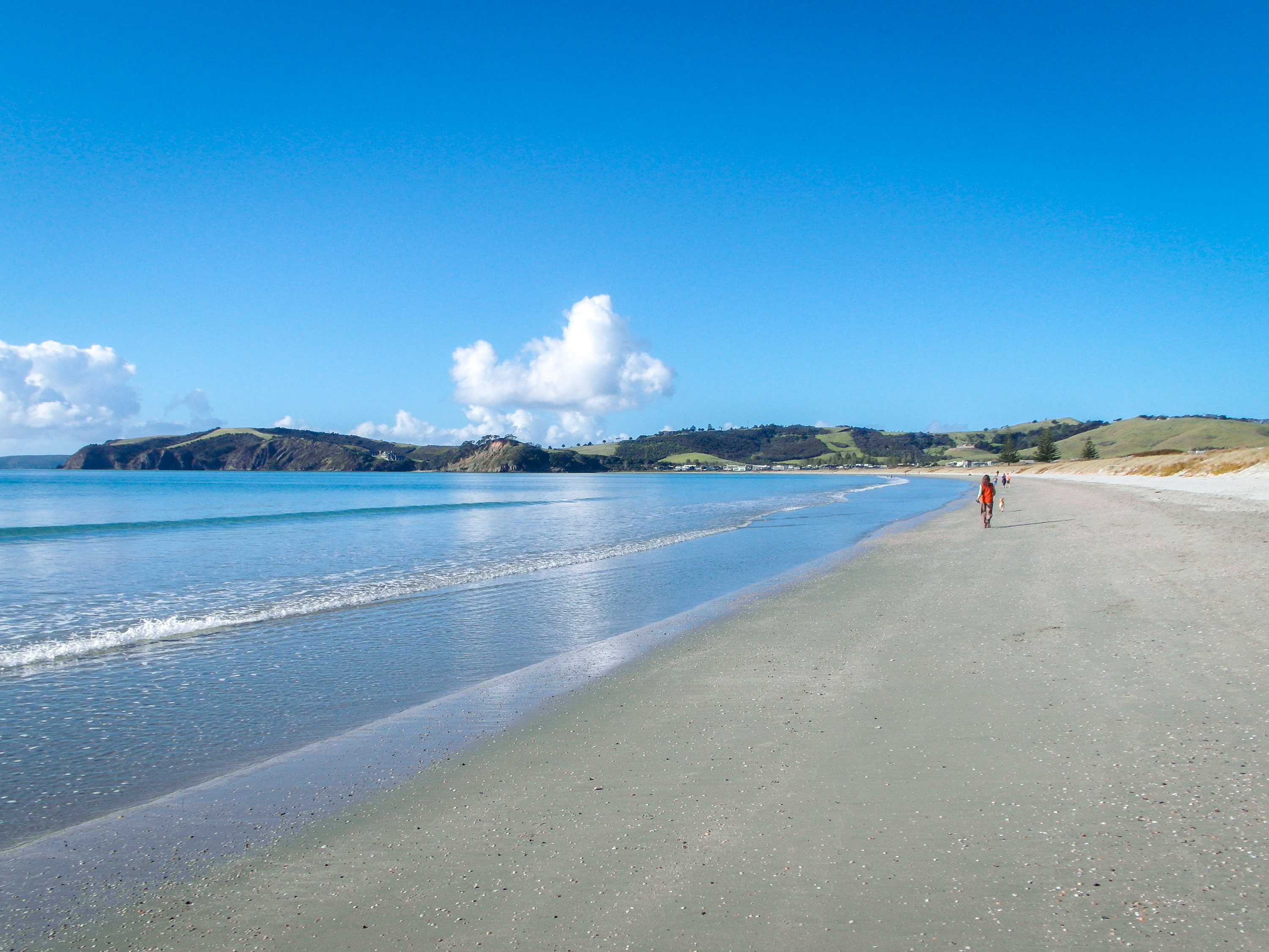 A broad sandy beach curving towards green headlands, with small walkers beside calm blue water.