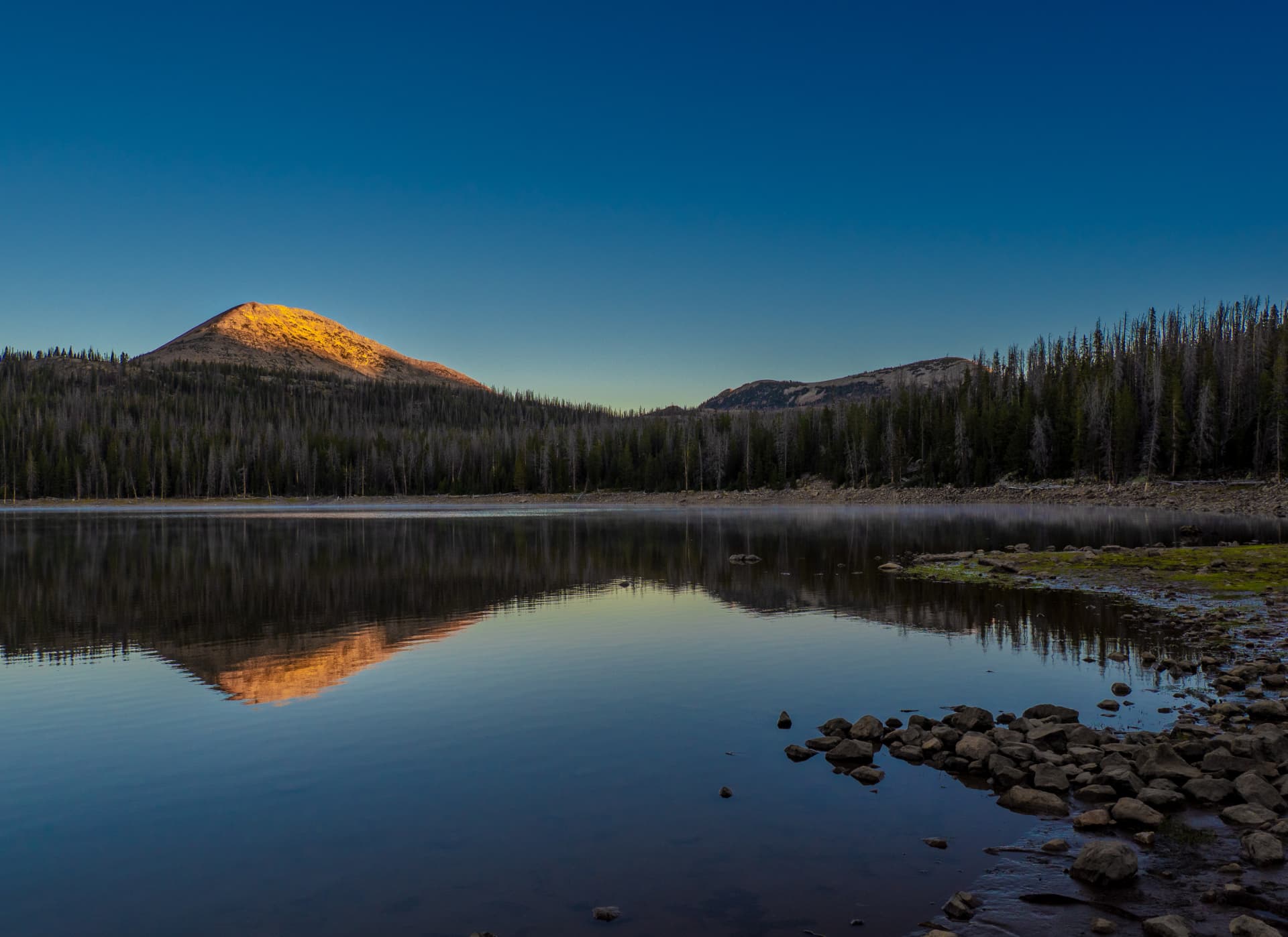 Mountain summit and its reflection catching the first light