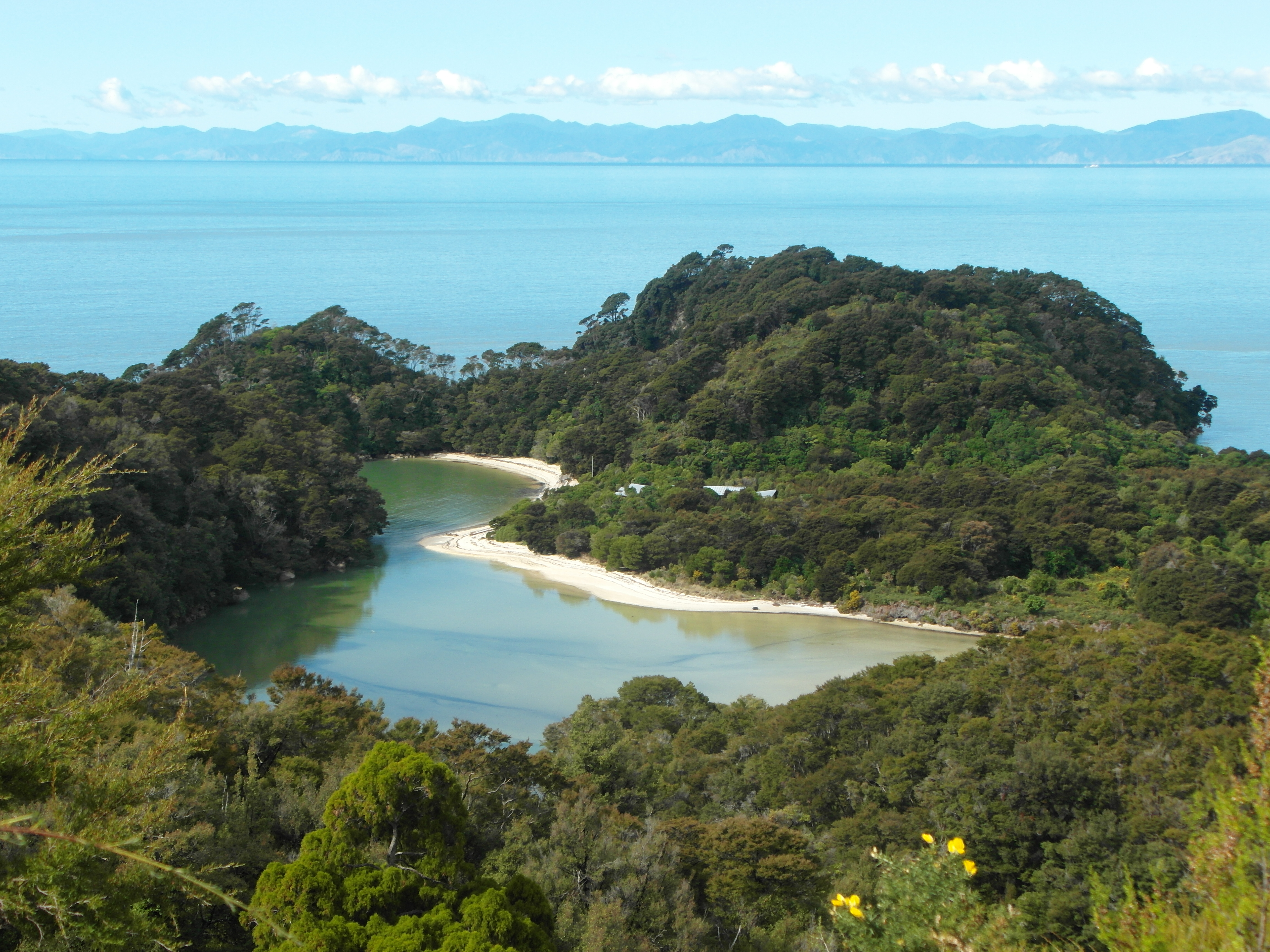 A sheltered green-blue inlet bordered by curved pale beaches and wooded headlands, with distant hills across the sea.
