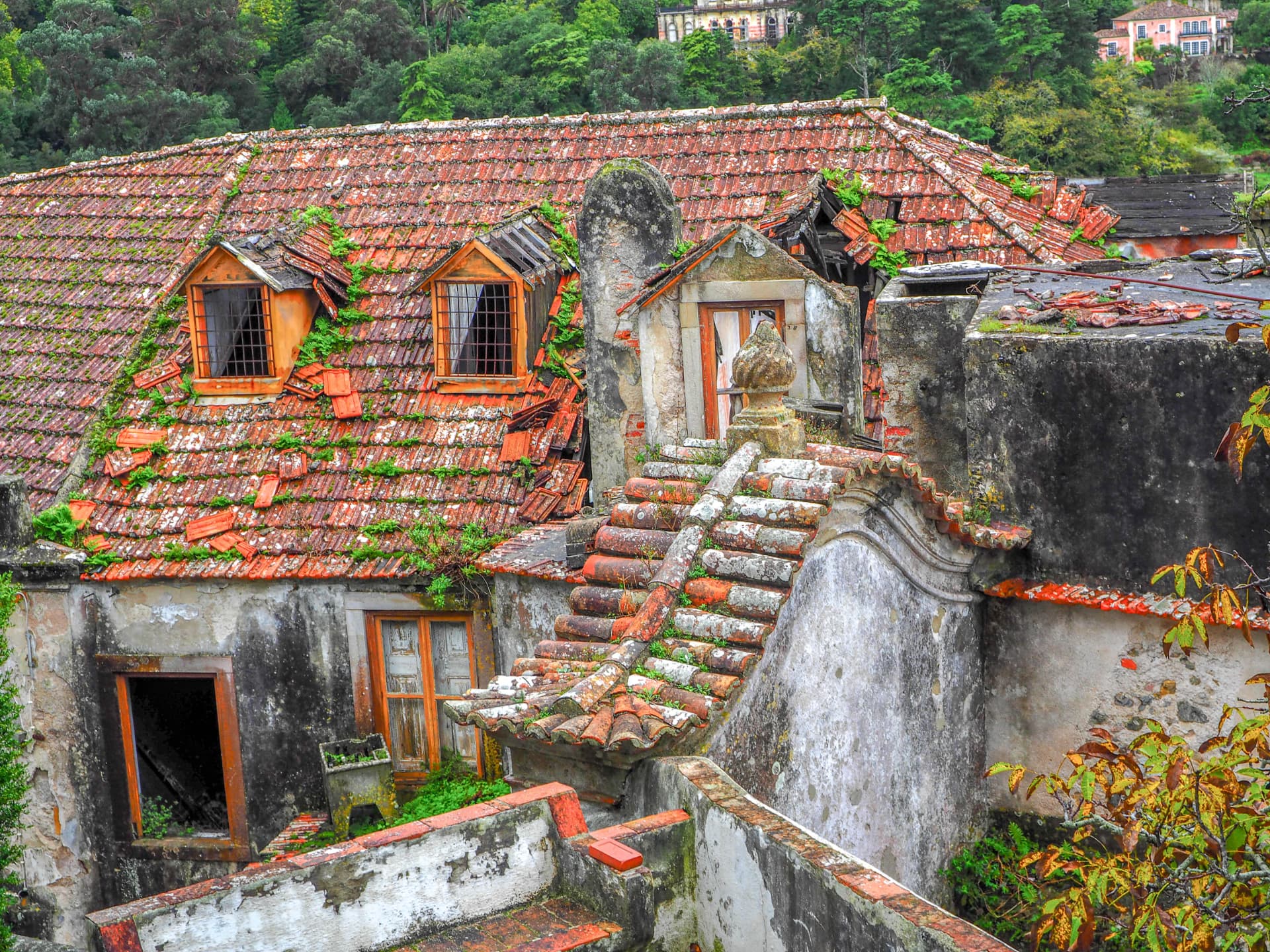 Moss-covered tiled rooftops and a stone stairway of an old Sintra house