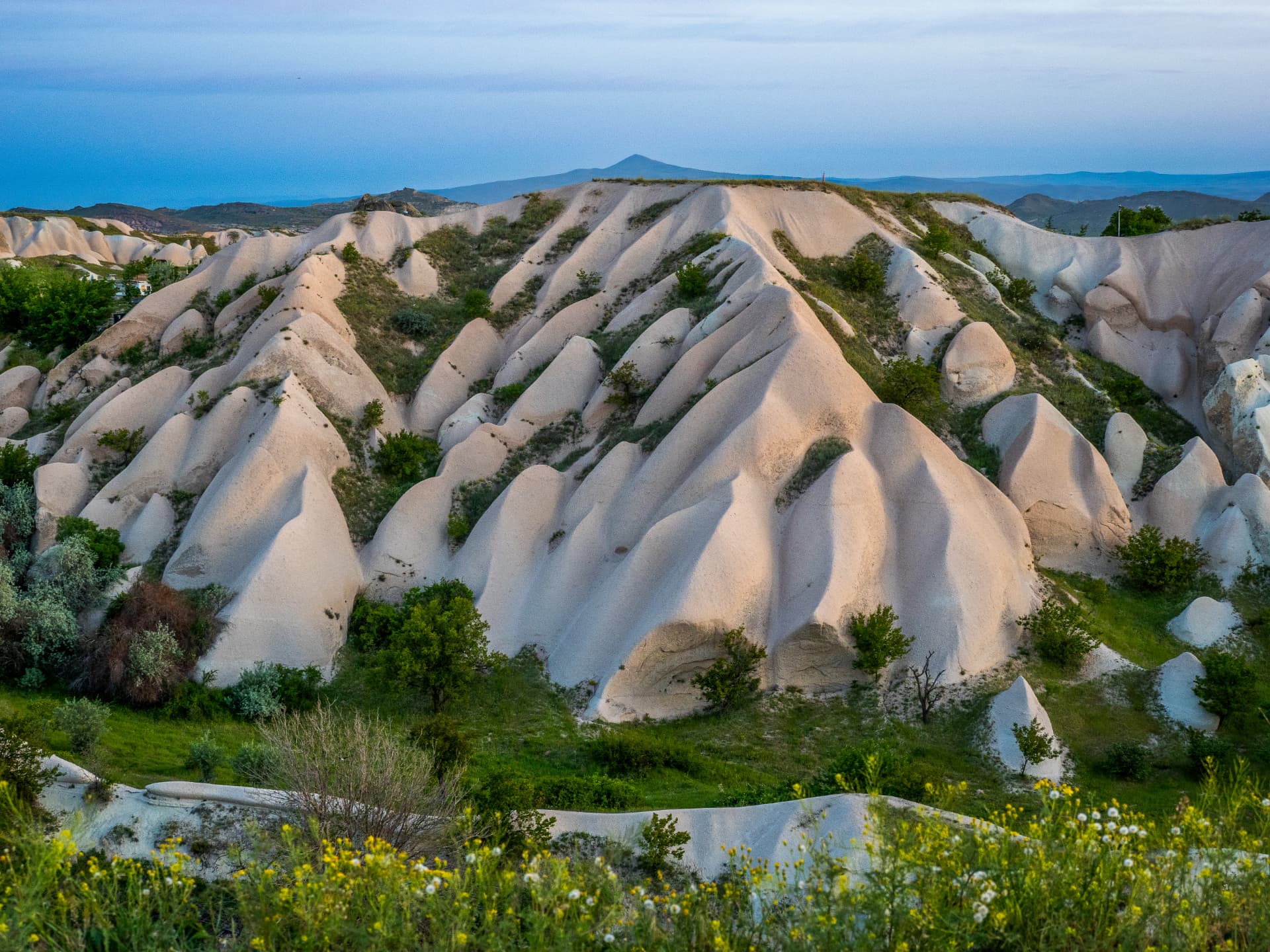 Eroded rock formations of Cappadocia in soft evening light