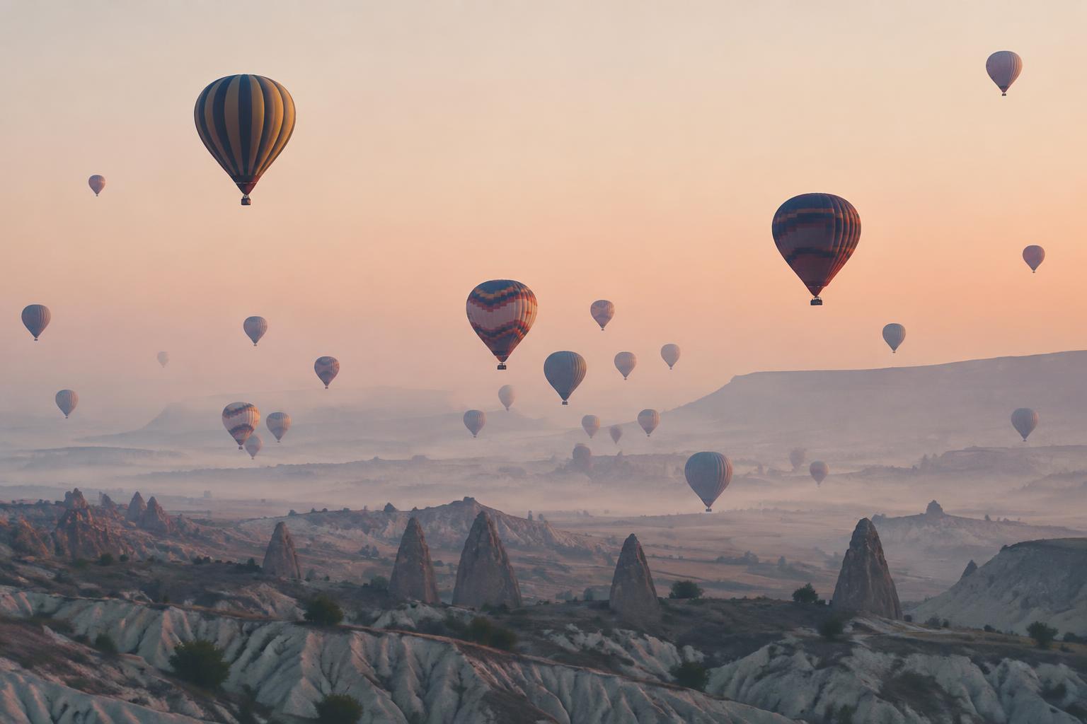 Balloons above the rock formations of Cappadocia at sunrise