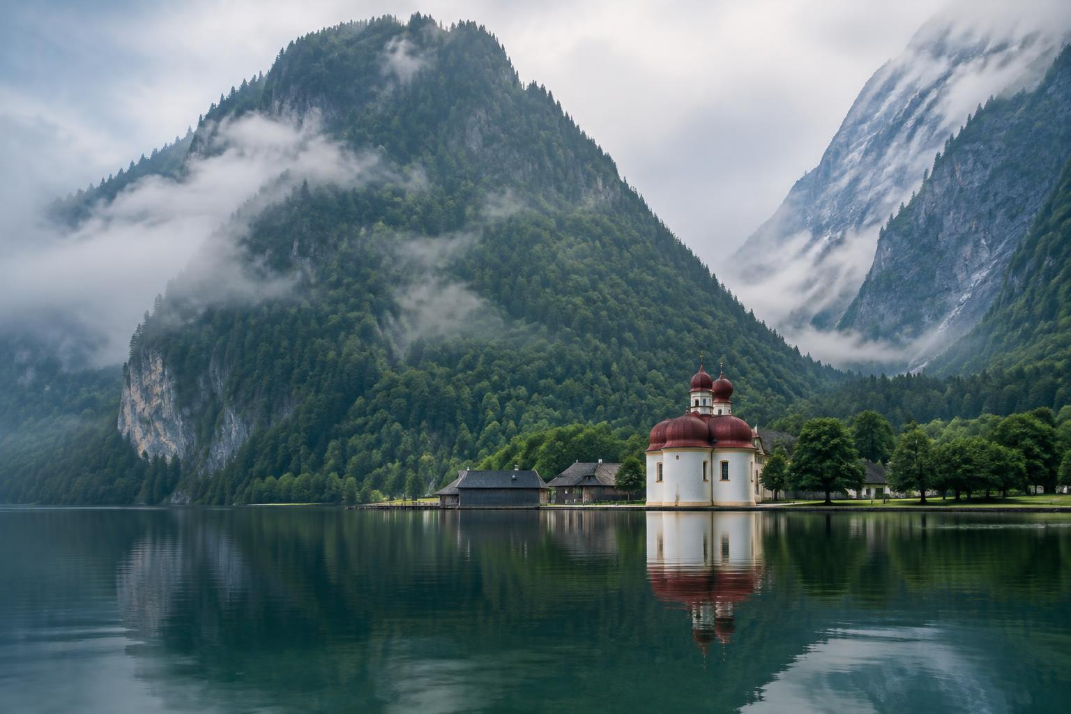 Königssee with a small church on the shore between misty mountains