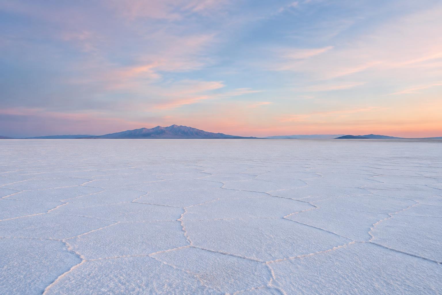 White salt flat with mountains on the horizon at dusk